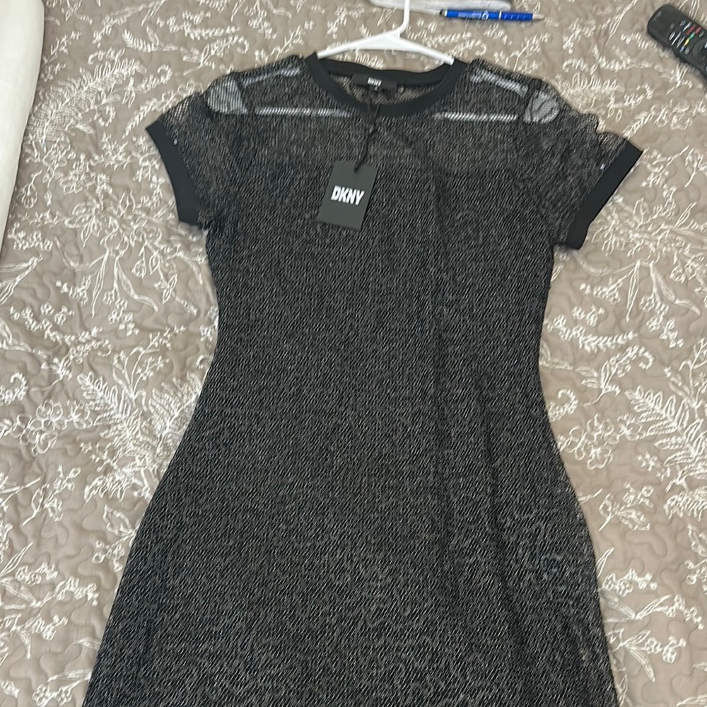DKNY Black Sheath sequined Midi Dress Crew Neck Short Sleeve - Picture 2 of 5